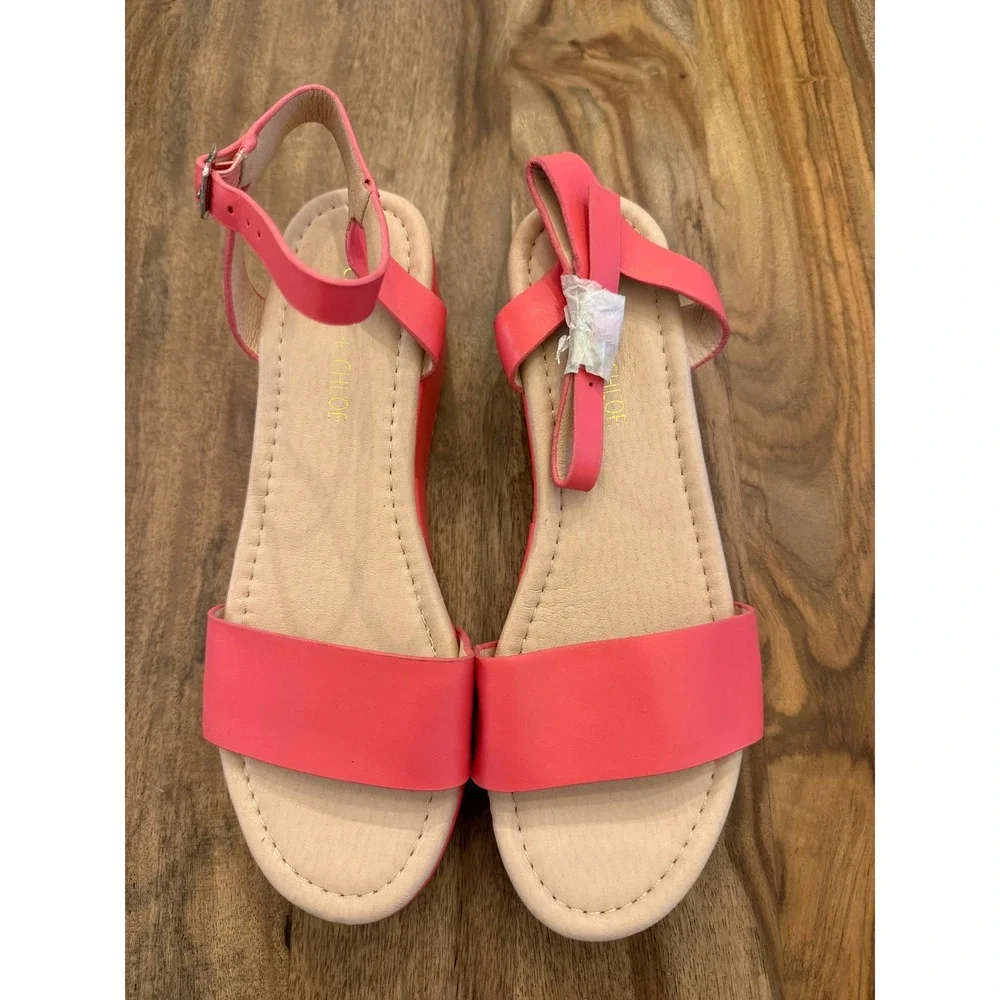 Chase &Chloe Pink Platform Wedge Sandals Ankle Strap Studded Sawtooth Womens 8
